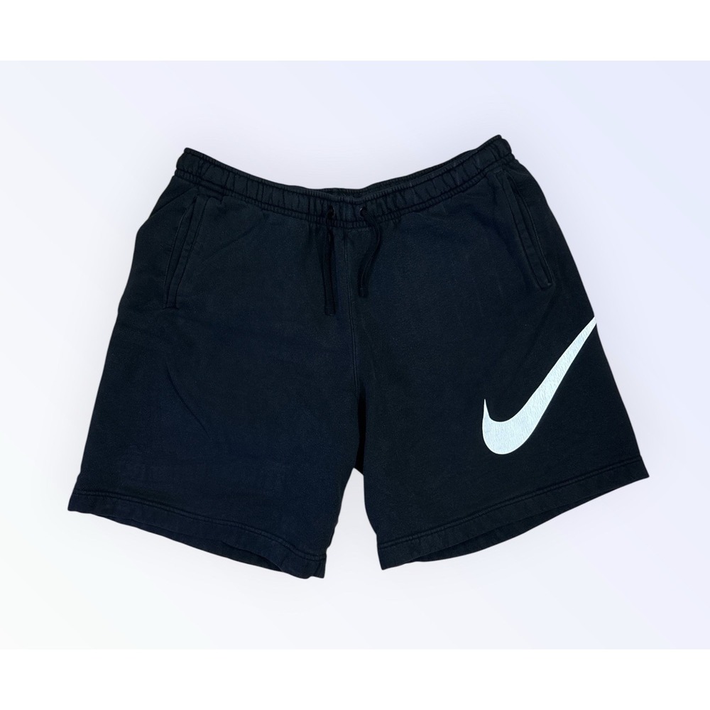 NIKE Sweat Shorts XXL Big Swoosh Logo Fleece BLACK Drawstring Waist Pockets‎
